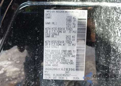 2018 Nissan Pathfinder S z USA, uszkodzony, nr VIN 5N1DR2MM6JC628396